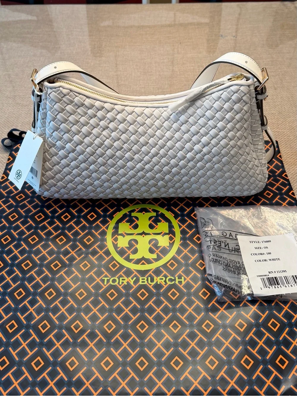 Authentic Tory Burch Ivory Woven Shoulder Bag with Logo Accent Retails $775
